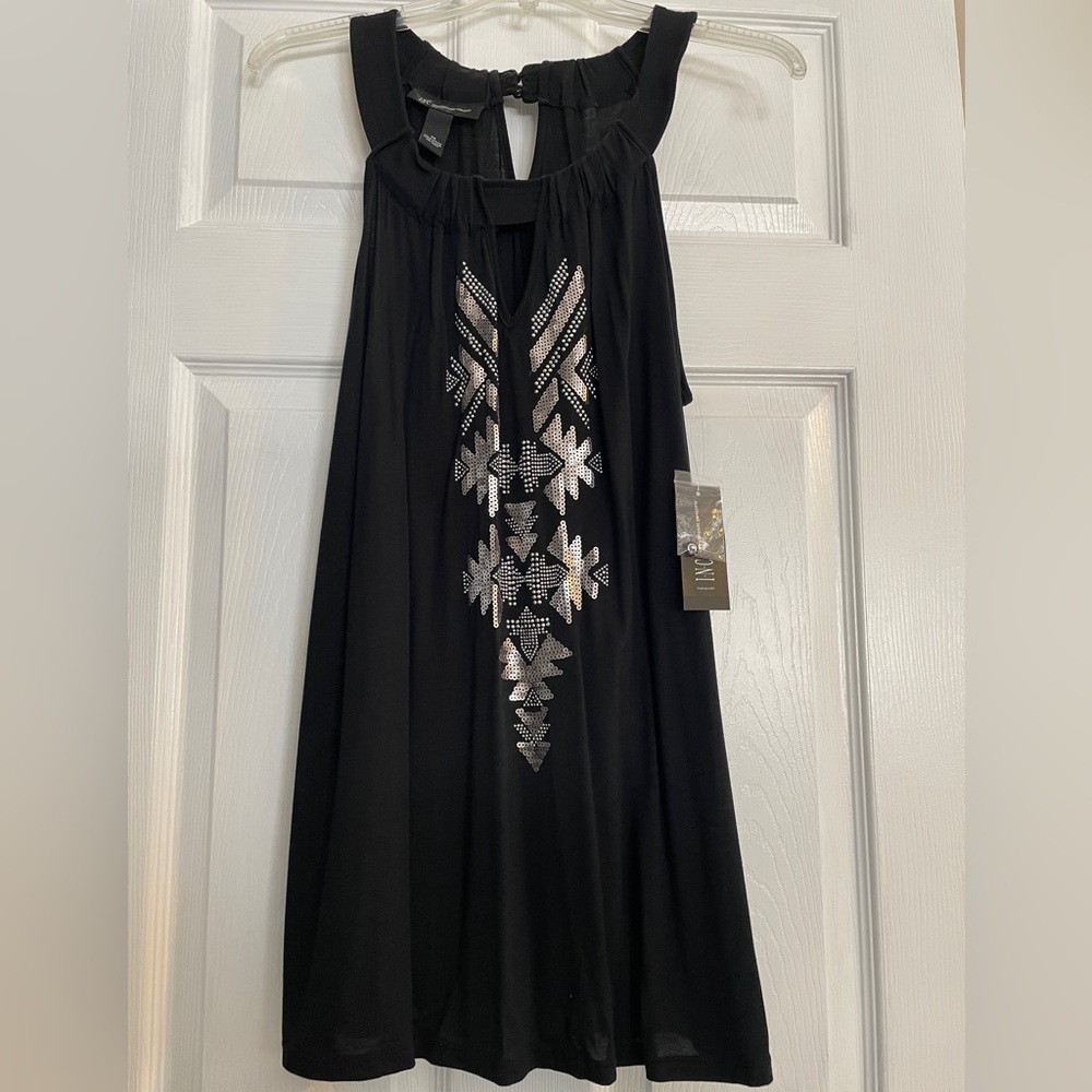INC women’s halter style tank top. Black with silver beads and sequins